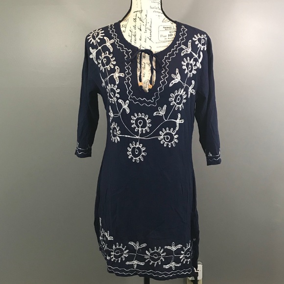 RIVIER SUN Navy & White Embroidered Dress Sz M - Picture 3 of 8